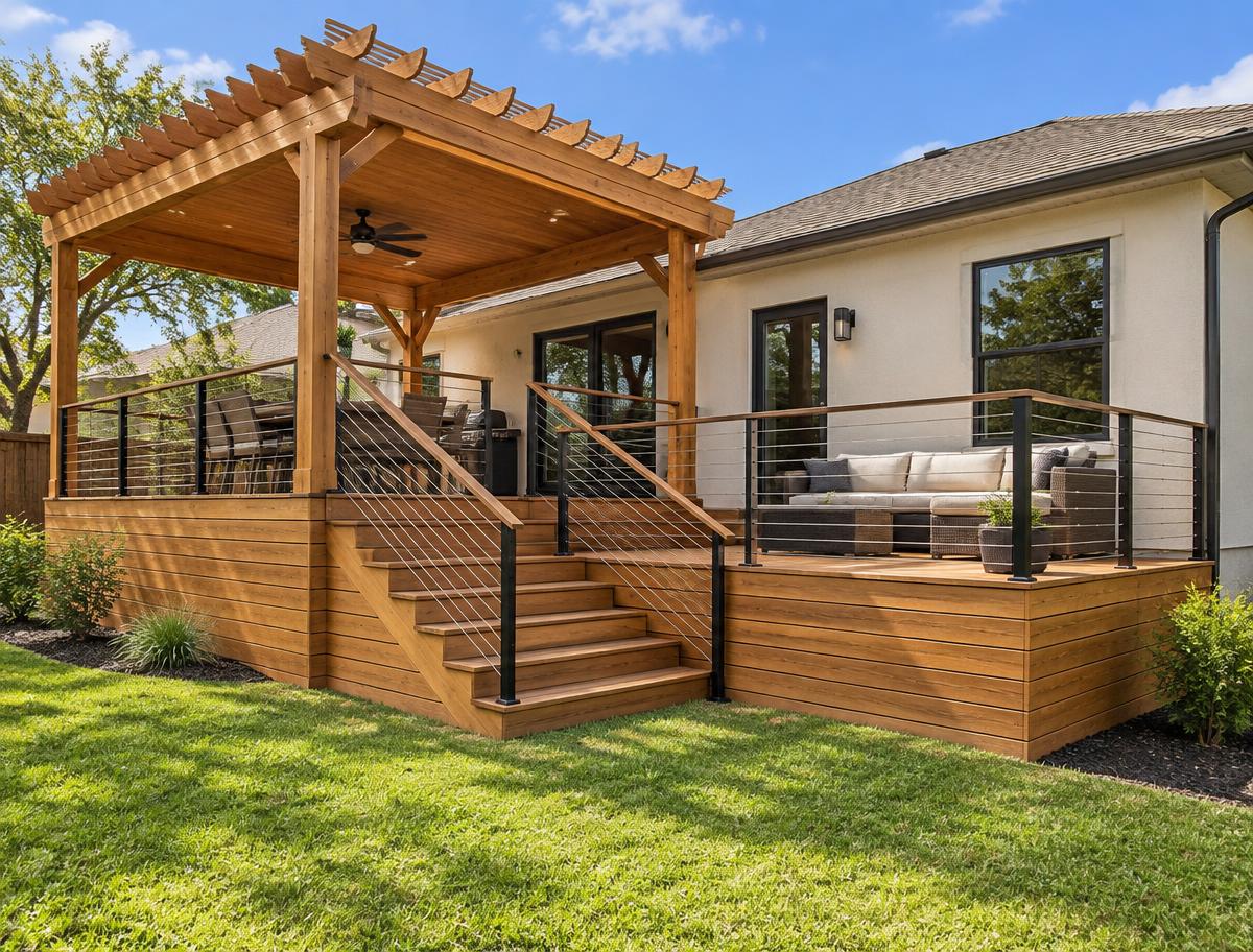 Two-tier cedar deck and pergola